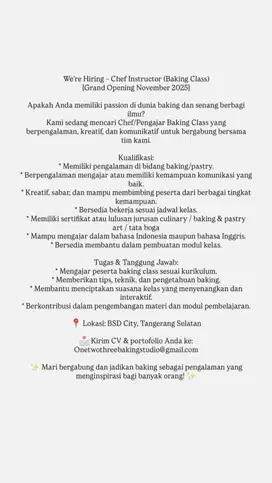Dicari Chef Instructor (Pengajar class baking)