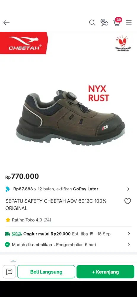 Safety shoes chetah, Ukuran 6 (39/40)