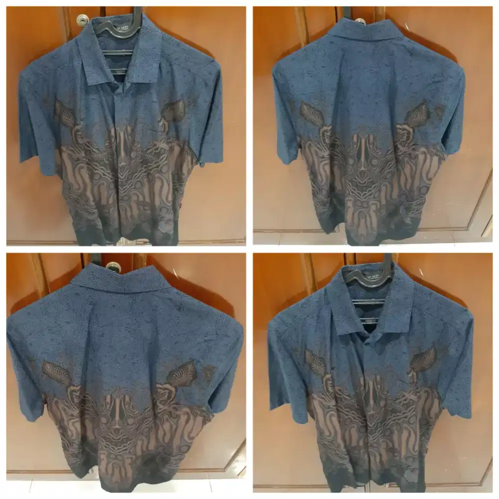 Kemeja Batik Pendek Katun Pria Size L Slim Fit Navy blue Motif Keren
