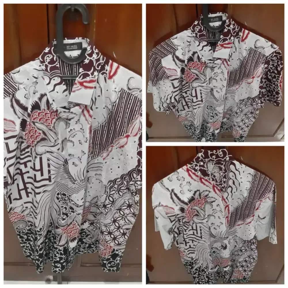 Kemeja Batik Pendek Katun Pria Size L Slim Fit merah Motif Keren