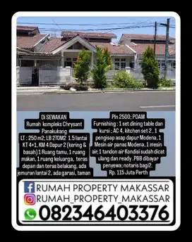 Di SEWAKAN  Rumah  kompleks Chrysant Panakukang LT : 250 m2; LB 270M2