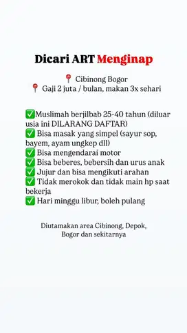 Lowongan ART Menginap Cibinong