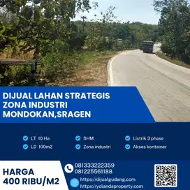 Dijual Lahan Strategis Zona Industri Mondokan,Sragen Luas 10 Hektar !!