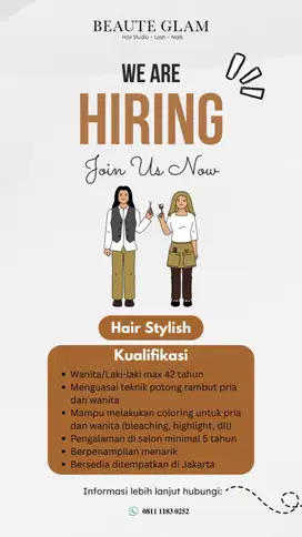 Lowongan Kerja Sabagai Hair Stylish / Therapist Salon