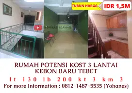 Rumah potensi Kost 3 lantai Kebon Baru deket stasiun Tebet