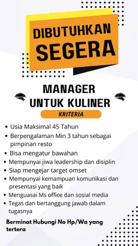 DIBUTUHKAN MANAGER UNTUK KULINER
