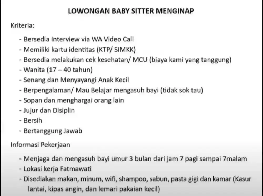 lowongan baby sitter menginap