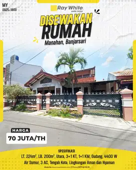 Disewakan Rumah di Manahan Solo, 3+1KT, Lingkungan Elit