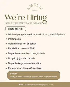 Dicari cepat teraphist nail art, eyelash dan spa