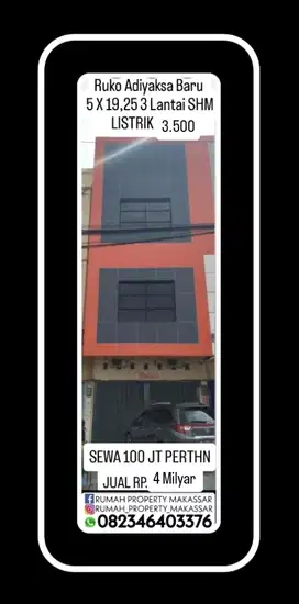 Dijual atau Disewakan  Ruko Adiyaksa Baru  5 X 19,25 3 Lantai