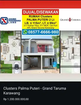 Dijual Rumah Grand Taruma Cluster Palma Puteri , 2 Lt, Tanpa Perantara