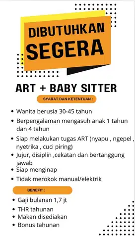 Dicari segera ART+BABY SITTER