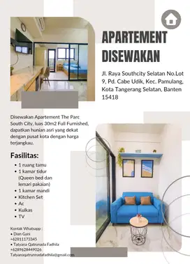 Disewakan Apartemen The Parc Southcity Tipe Studio, Full Furnished