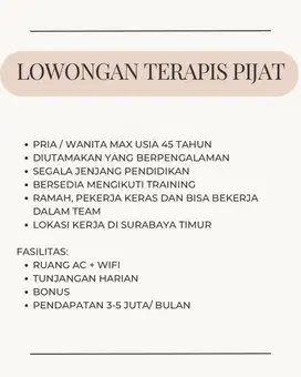 Dicari Terapis pijat Pria dan Wanita Gaji pokok dan Komisi Tinggi