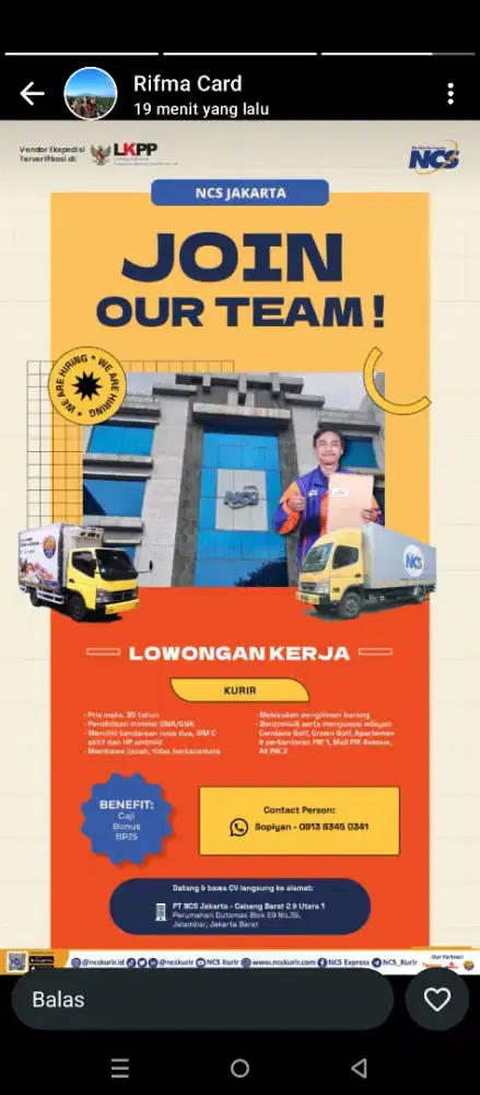 Dibutuhkan kurir motor antar Dokumen/Kartu kredit&Paket