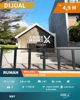 Dijual Rumah Hook Bangunan Baru di Mainroad Greenland Tidar Malang