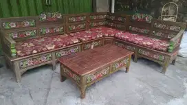 Kursi tamu minimalis sudut mahkota leter L kayu jati asli