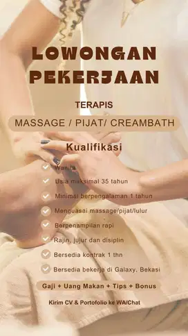 Lowongan Kerja Terapis Pijat & Creambath (Khusus Wanita)