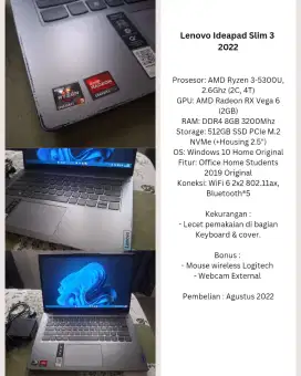 Laptop Lenove IdeaPad Slim 3 2022 - Ryzen 3 5300U/ 8 GB/ 512GB
