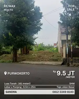 Dijual Tanah Tepi Jalan, Seluas 161 m2 Area Purwokerto
