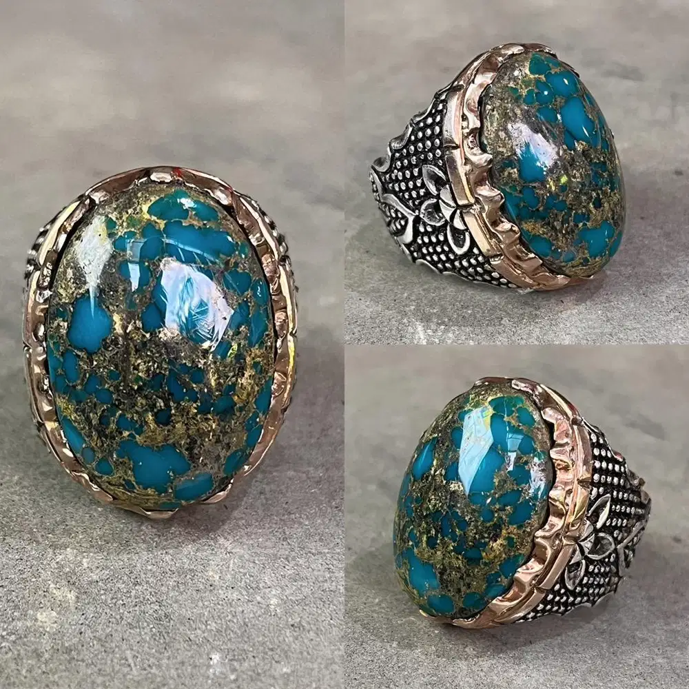 Cincin Natural Pirus Phyrus Turquoise Serat Emas
