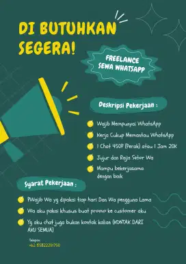Dibutuhkan yg mau sewain wa 1 chat 450P atau 1 jam 20 ribu