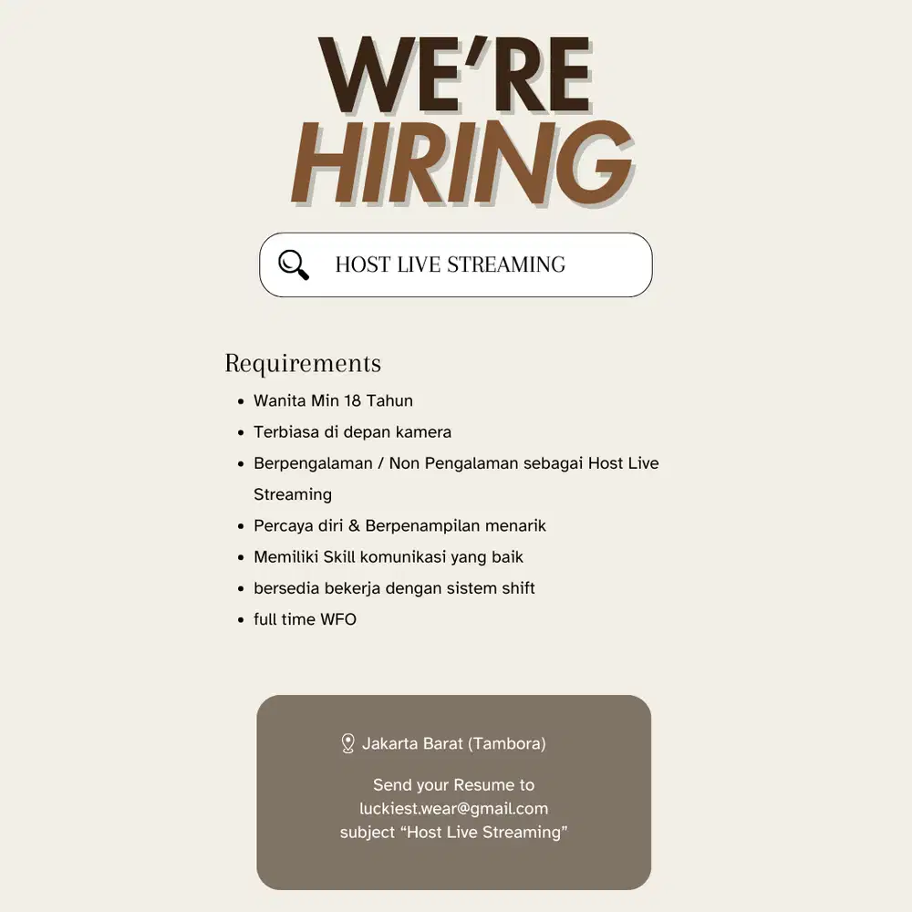 LOKER LOWONGAN KERJA HOST LIVE STREAMING (FULL TIME)