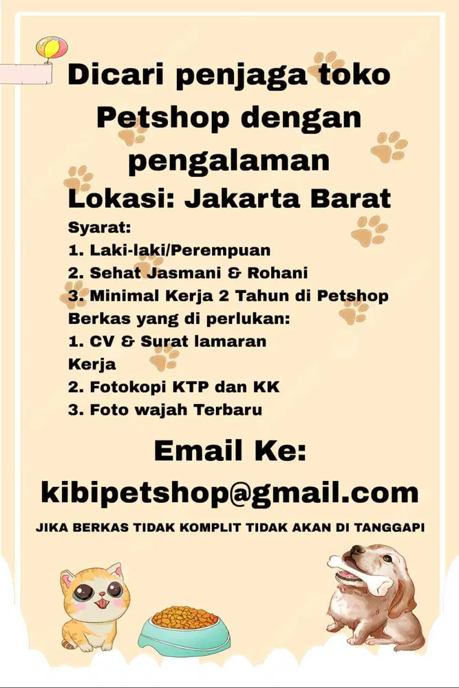 Dicari Penjaga toko Petshop di daerah karang tengah
