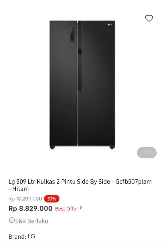 Kulkas Lg side by side kapasitas 509 liter