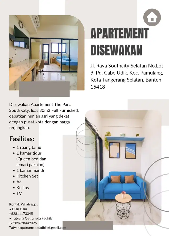 Disewakan Apartemen The Parc Southcity Tipe Studio, Full Furnished