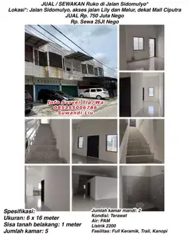 Jual/sewakan ruko di jalan sidomulyo