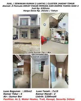 Jual/sewakan rumah 2 lantai (cluster) hadap timur jln.pemuda