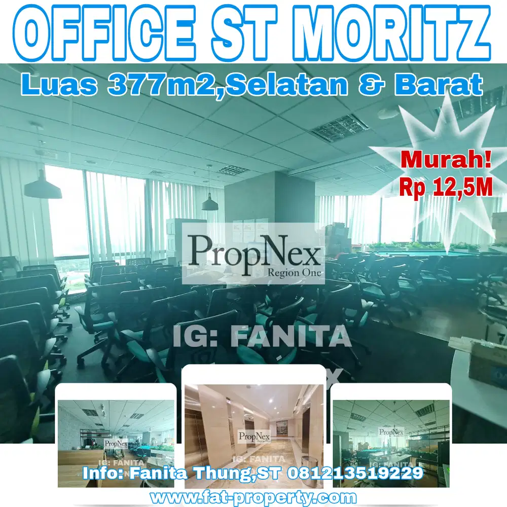 Dijual office space di Lippo ST MORITZ Office Tower luas 377m2 Rp12,5M