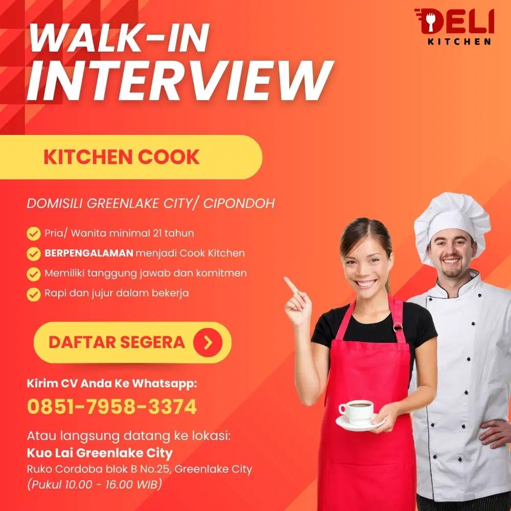 WALK-IN INTERVIEWCREW KITCHEN or COOK HELPER GLC