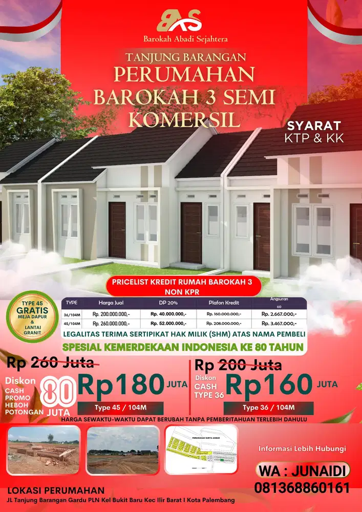 Dijual Rumah Murah Promo HUT RI Tipe 45 Hanya Rp 180 Juta di Palembang