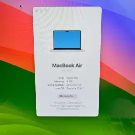 Macbook Air M2 Ram 8 Ssd 256 Layar 13 inch Full set Starlight