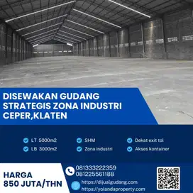 Disewakan Gudang Zona Industri Super Strategis Ceper,Klaten 5000m2