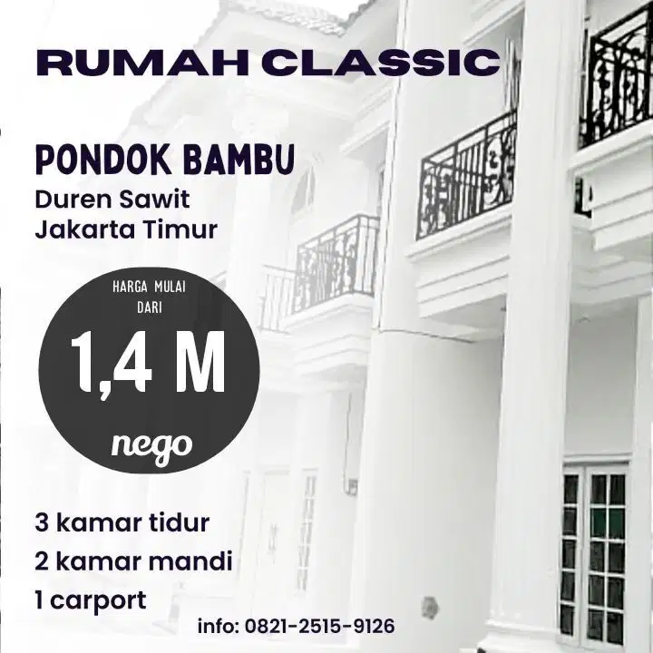 Hunian 2-lantai dalam Cluster Elit, Lokasi Premium Daerah Pondok Bambu
