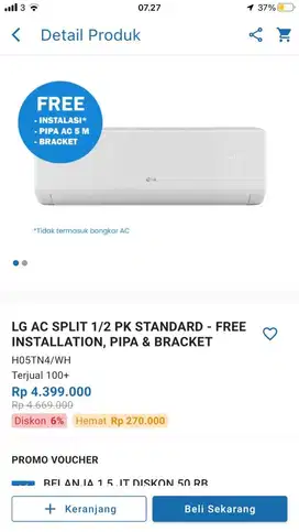 LG Ac split 1/2 pk standar free instalation pipa & bracket