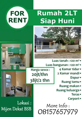 Sewa Cepat Rumah 2LT Dekat Mijen BSB  Spesifikasi :  * Luas tanah 120