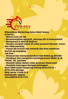 Dibutuhkan Marketing Counter Sales mobil bekas