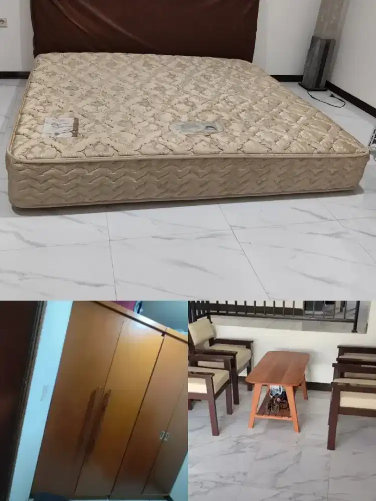 Kasur King Koil 200x200+sandaran+kursi sofa+meja kopi+lemari pakaian.