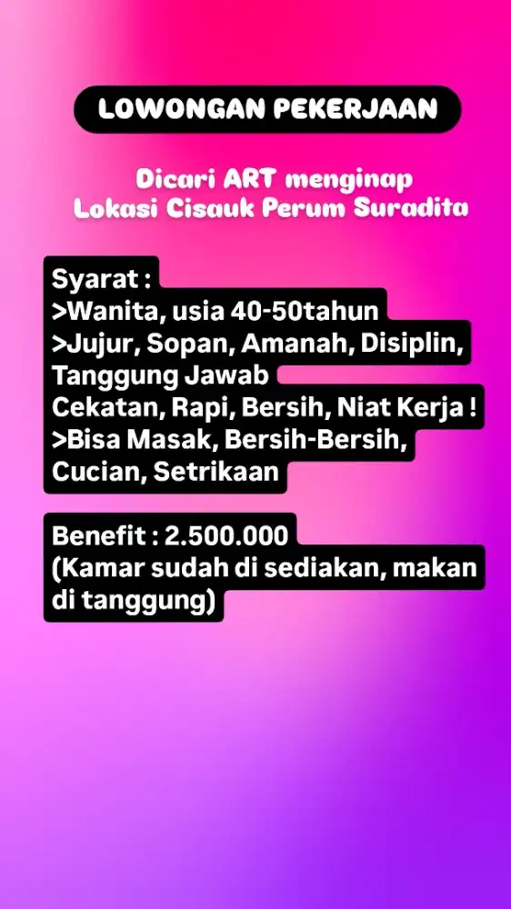Dibutukan segera ART menginap