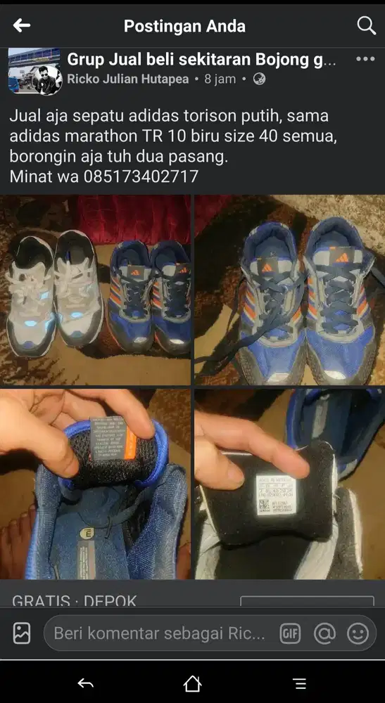 Sepatu adidas torison putih dan marathon TR 10 biru