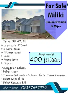 Rumah 1LT di  Mijen DP 0 Rupiah Bisa KPR Jual Cepat