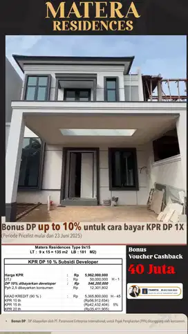 FREE SUBSIDI DP 10 % MATERA RESIDENCES 9 x 15