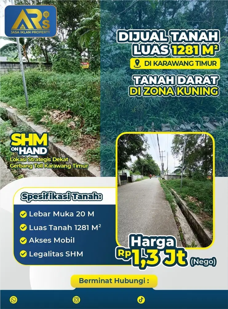 Dijual Tanah Darat Zona Kuning SHM Lokasi Pinggir Jalan Karawang Timur