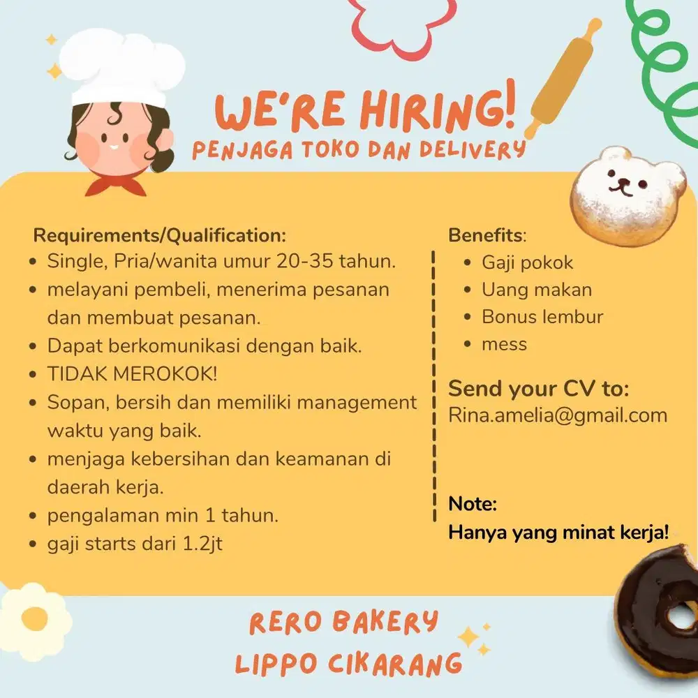 Di Cari Pelayan toko roti dan donat