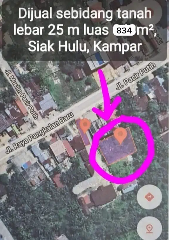 Dijual Tanah Luas 834 m² (Lebar 25 m) Strategis di Siak Hulu, Kampar