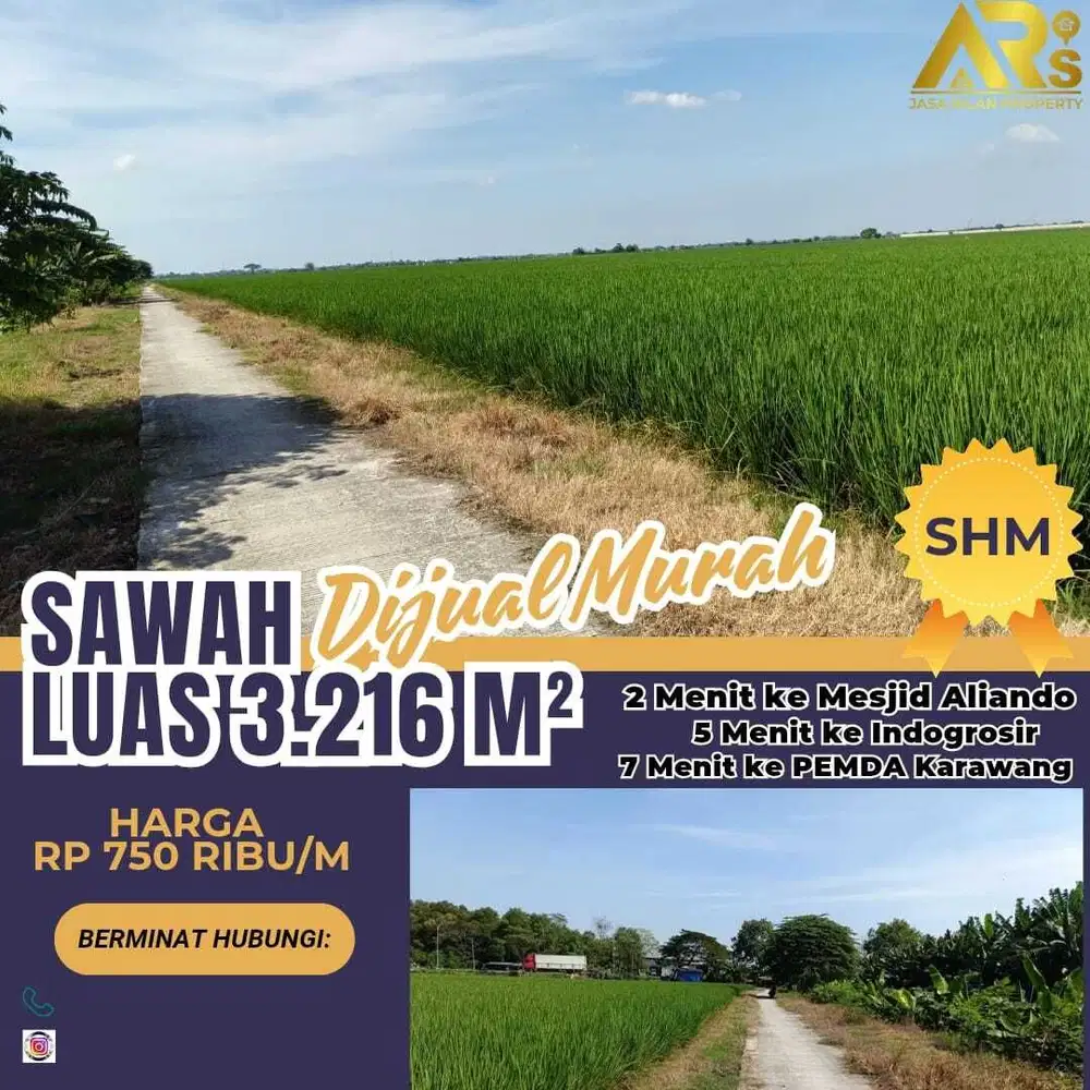 DIJUAL TANAH SAWAH PRODUKTIF SHM LUAS 3216 TANJUNG PURA KARAWANG BARAT